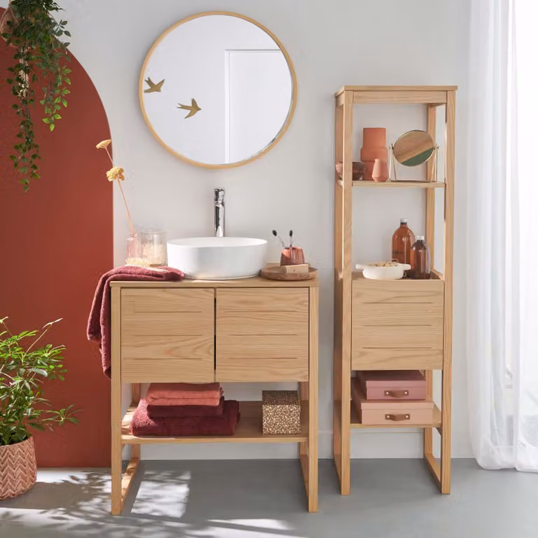 Mobile 70cm rovere colonna lavabo tondo specchio e rubinetto ATOLL