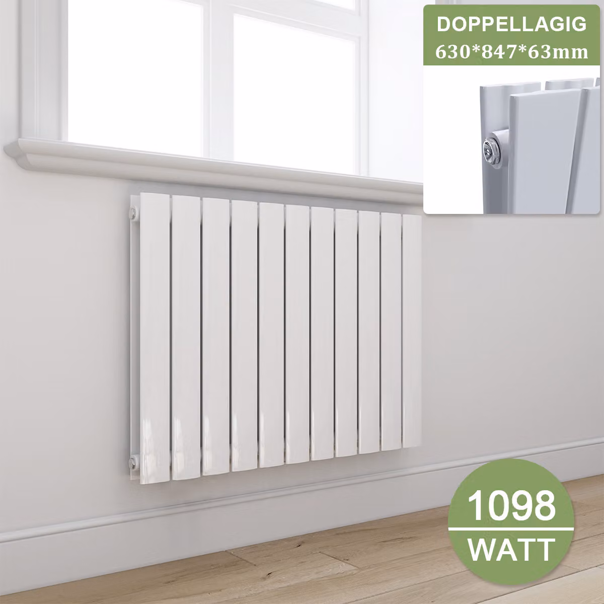 RISCALDAMENTO DESIGN Elegante, radiatore a pannello piatto, collegamento laterale orizzontale, 630x847 mm, bianco, a due strati, radiatore piatto senza resistenza