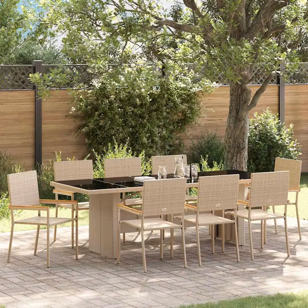 Set da Pranzo per Giardino e Terrazzo vidaXL in Polyrattan e Legno di Acacia, 9 Pezzi, Beige e Marrone – 1