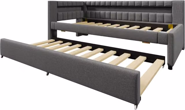 Daybed 90x200 cm in lino grigio con letto estraibile, luce LED con telecomando, porte USB e Type-C, senza materasso