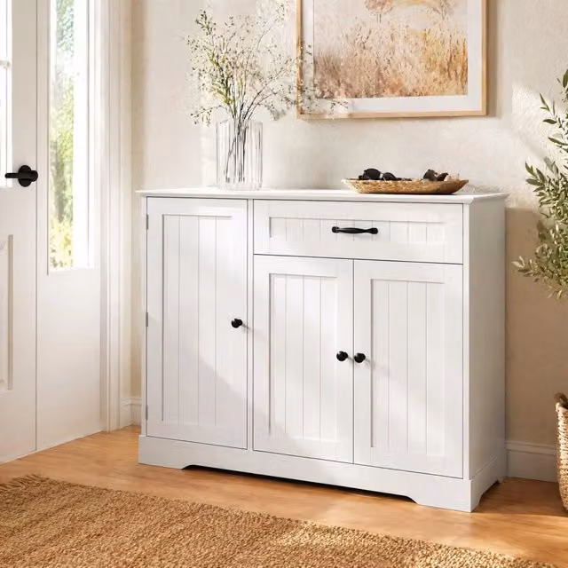 Credenza moderna in MDF bianco con 3 ante e 1 cassetto per ingresso, soggiorno o sala da pranzo, L 107 x P 40 x H 83,4 cm