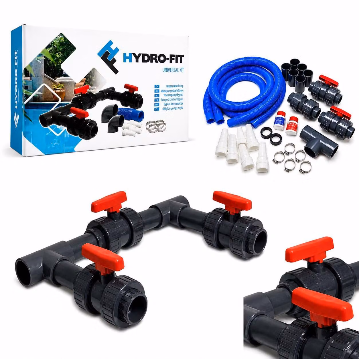 Kit di bypass COIL per pompe di calore per piscine, set completo universale in PVC da 50 mm con 3 valvole a sfera, colla Griffon e detergente – Da montare autonomamente