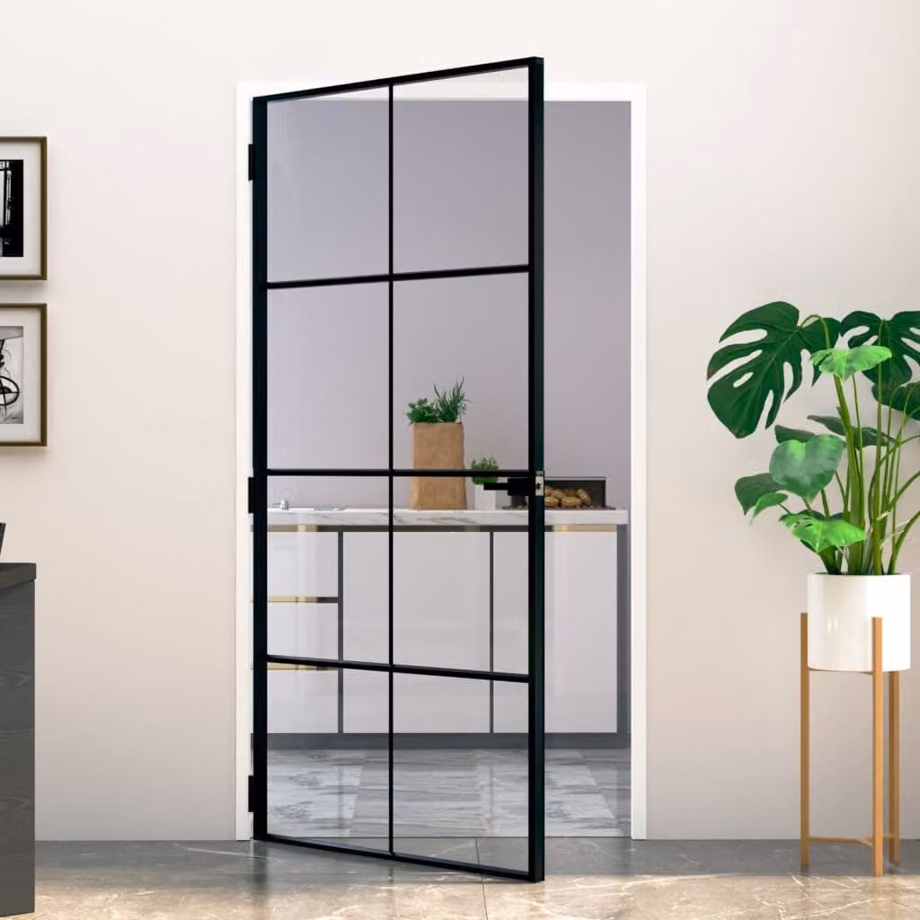 The Living Store porta interna nera 102x201,5 cm vetro temperato e alluminio slimline