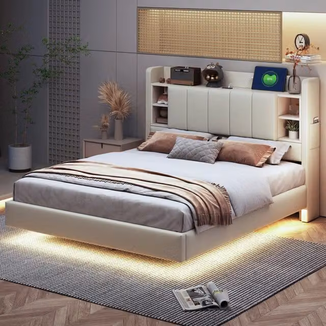 Letto matrimoniale imbottito 140 × 200 cm con USB LED testiera reversibile struttura in metallo tessuto beige