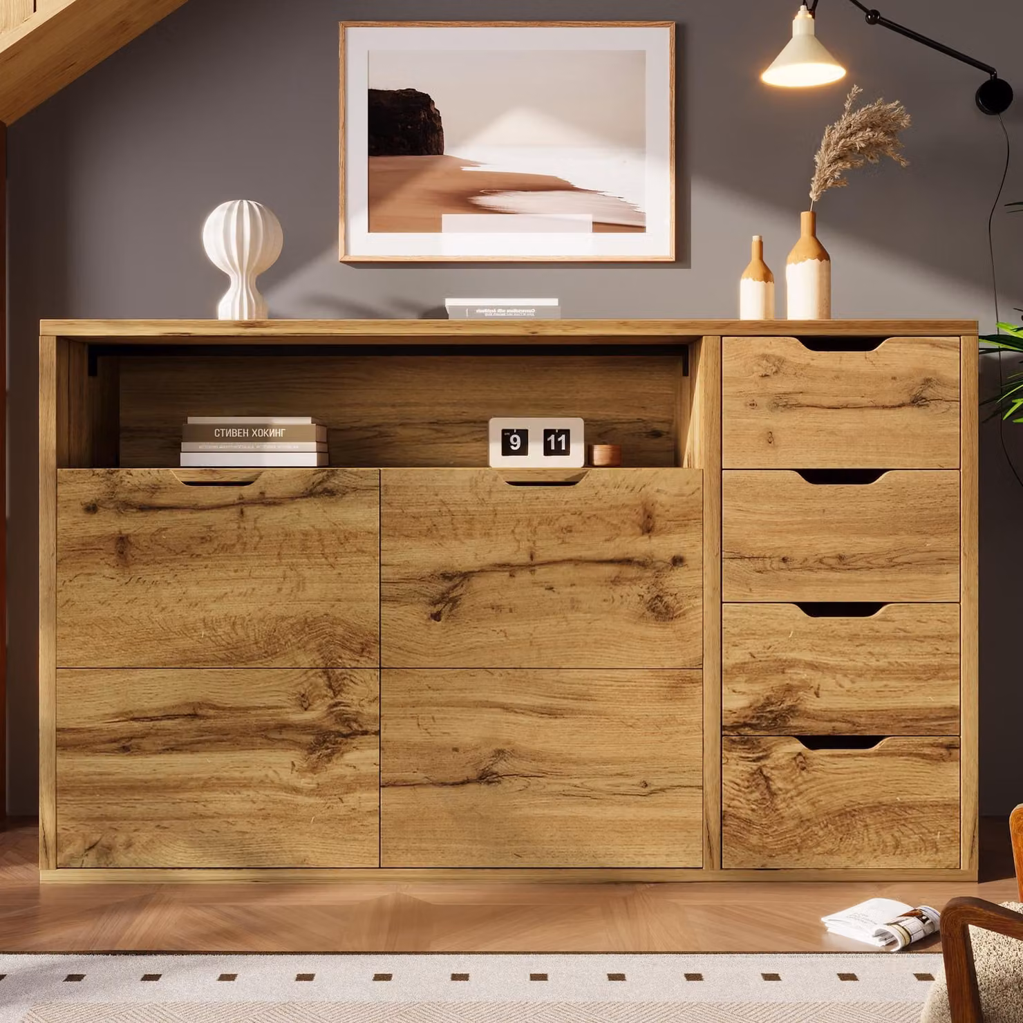Credenza Merax con 4 cassetti e 2 ante, cassettiera con ripiano aperto, mobile da soggiorno con ripiani, ingresso e cucina, chiusura ammortizzata, rovere