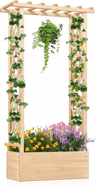 Letto da giardino rialzato DESIGN IN in legno marrone con traliccio, tetto pendente e fioriera con fori di drenaggio per orto o giardino ornamentale L/P/H: 152 x 66 x 40 cm
