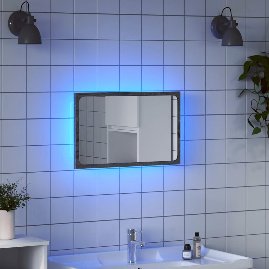 Specchio da bagno con LED vidaXL, design moderno in legno e vetro, colore Grigio Sonoma, L 60 cm x P 8,5 cm x H 38 cm