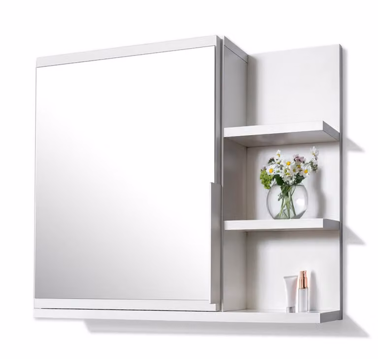 Armadio a specchio 60x50 bianco, mobile bagno con ripiani, specchio bagno, mobile a muro - Destra