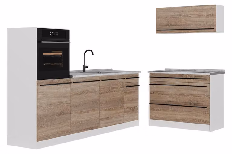 Cucina componibile Vicco R-Line Sonoma/Bianco 220 cm piano di lavoro Marmo, Model 67455