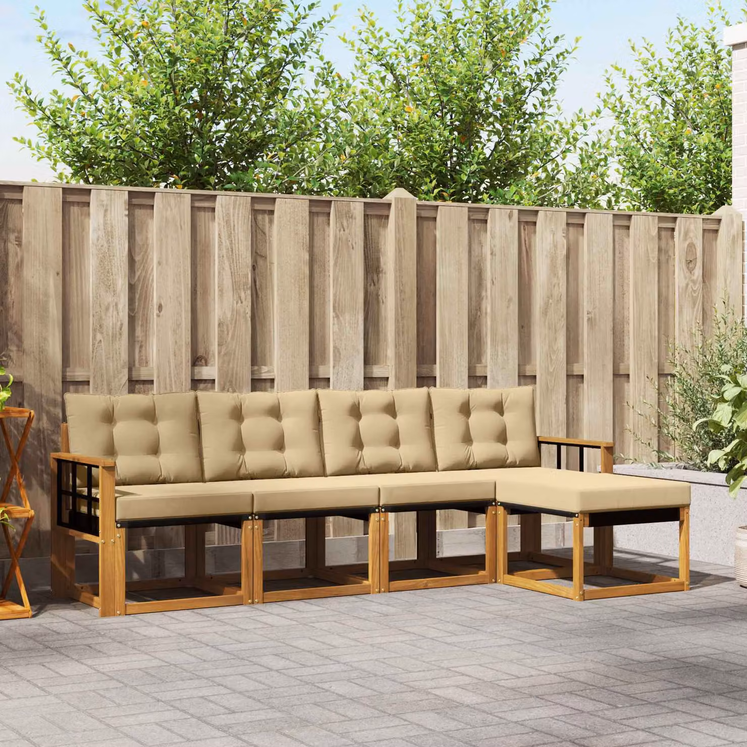 Set di divani da esterno vidaXL 5 pz in legno di acacia e textilene, colore beige, design moderno a forma di L con cuscini inclusi