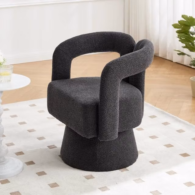 Desviae Poltrona girevole a 360 gradi in bouclé grigio scuro con base in metallo e seduta imbottita 74 × 67 × 55 cm