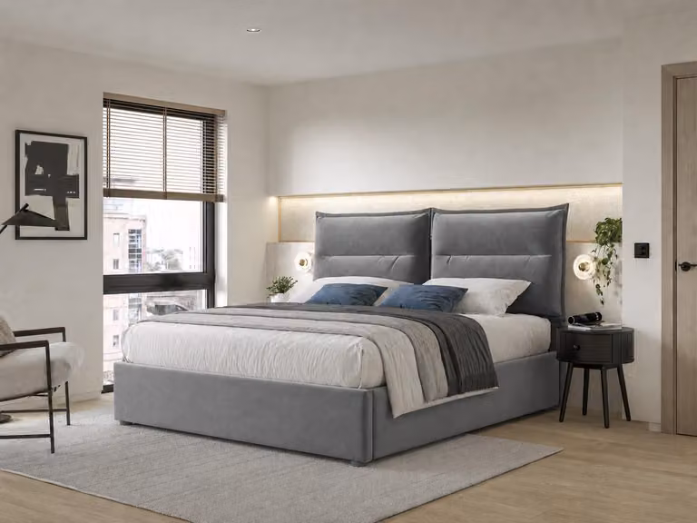 Letto imbottito 140x200 cm con spazio contenitore a sollevamento idraulico, poggiatesta regolabile in altezza, rivestimento in velluto e rete a doghe pieghevole, colore grigio