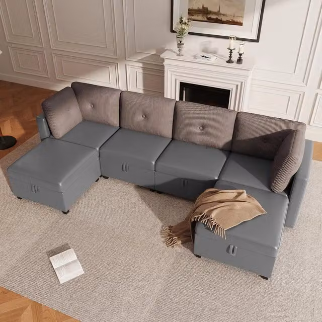 Divano angolare modulare ¨C Minimal ¨C velluto cord grigio, con contenitore, trasformabile in letto