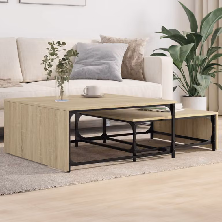 Set di 2 tavolini impilabili vidaXL in stile industriale con piano in rovere e struttura in metallo, colore beige e marrone