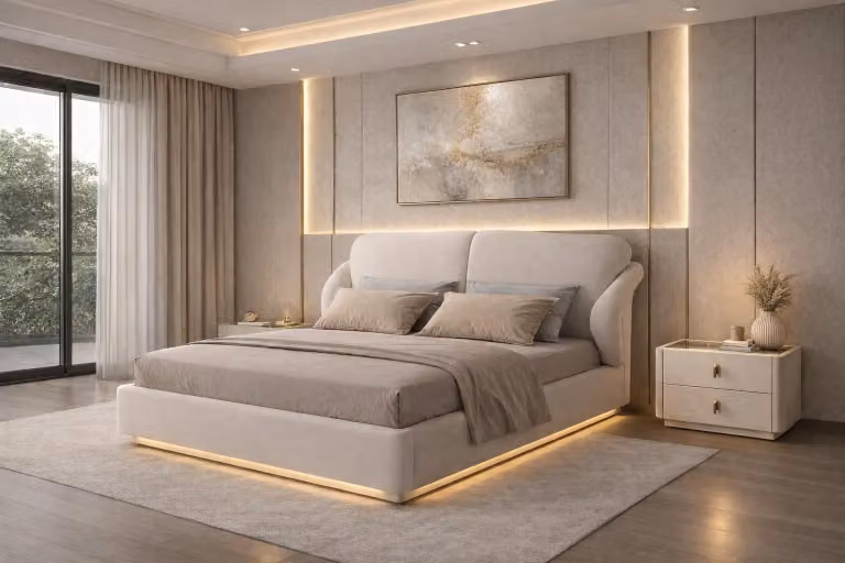 Elegante set da camera da letto in beige: morbido letto e comodini – set da 3 pezzi