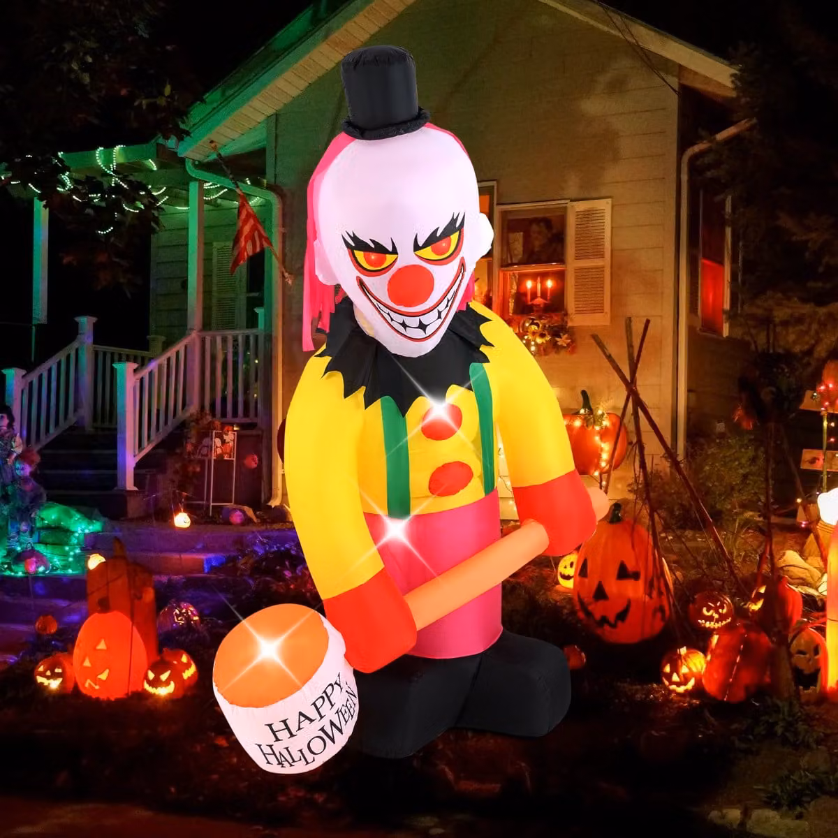 Costway Clown gonfiabile con testa che gira da 180x240cm, Clown animato illuminato di halloween con led e martello