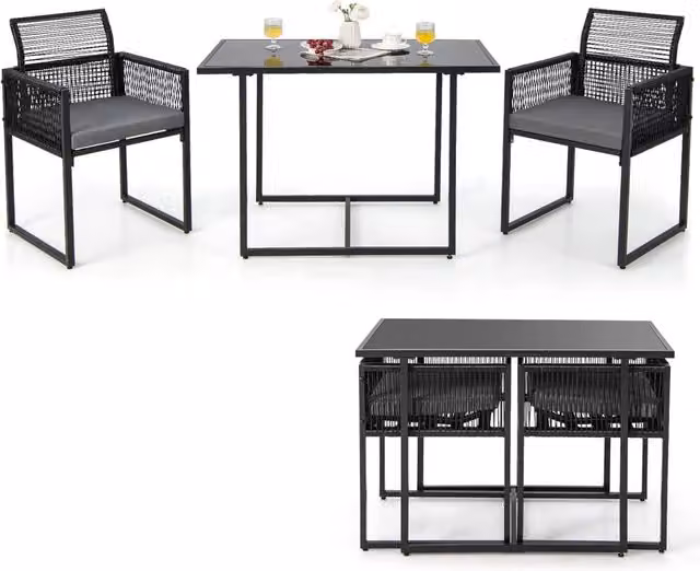 Set da pranzo da esterno Costway composto da tavolo con piano in vetro temperato e 3 sedie pieghevoli in rattan nero per giardino, balcone o terrazzo – 1