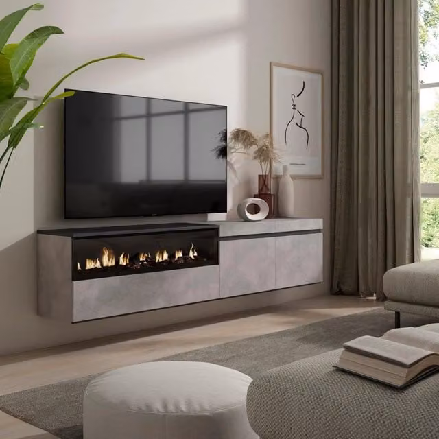 Mobile TV, 200x35x45cm, soggiorno, Per TV fino a 80", Camino elettrico, da appendere, grigio cemento RF2219
