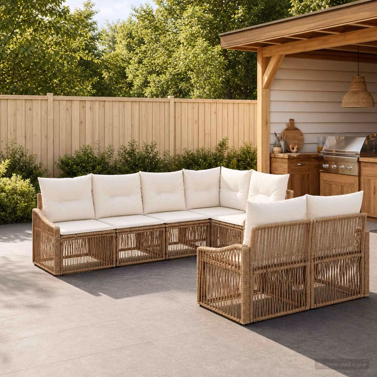 Set Divano da Giardino vidaXL 7 posti a forma di U in Polyrattan Beige con Cuscini e Struttura in Acciaio Verniciato a Polvere