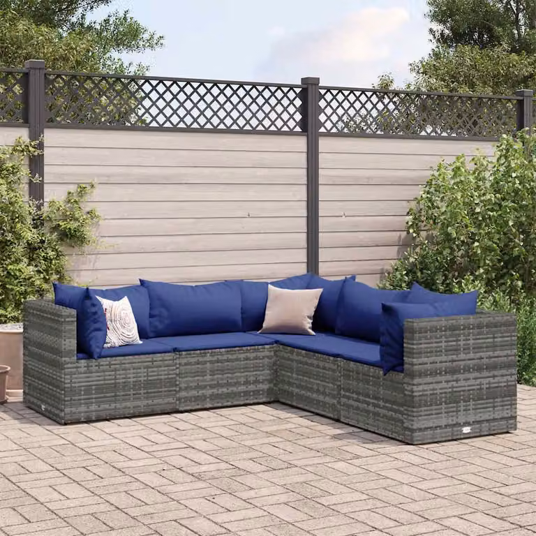Set di Divani da Giardino vidaXL a Forma di L con Cuscini, Polyrattan e Acciaio, Grigio e Blu