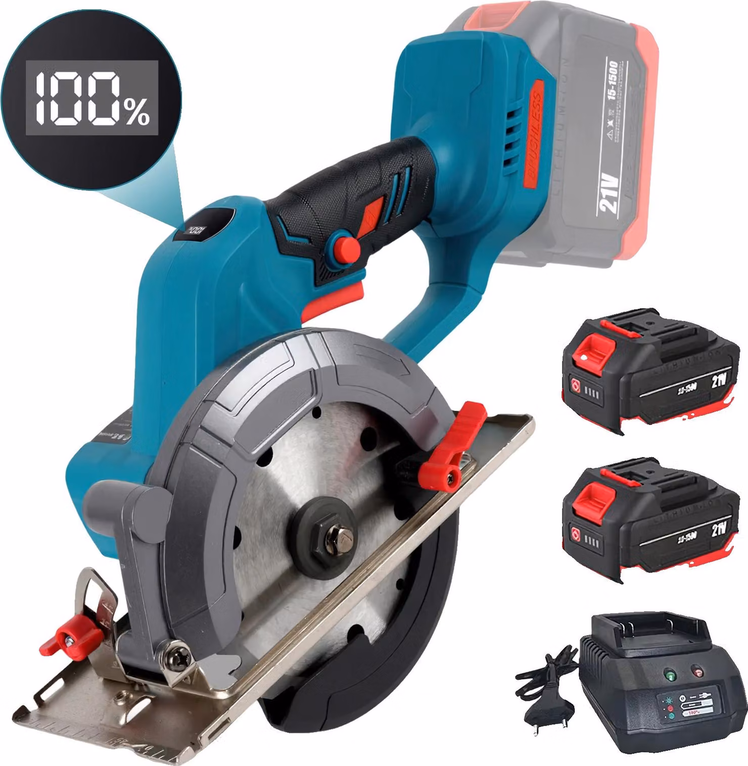 Seghetto circolare, motore brushless, velocità 6700 giri/min, profondità di taglio regolabile, con 2 batterie