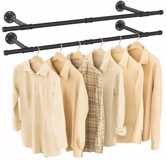 Supporto a parete industriale, 112 cm, a forma di tubo, set da 2, colore nero, acciaio