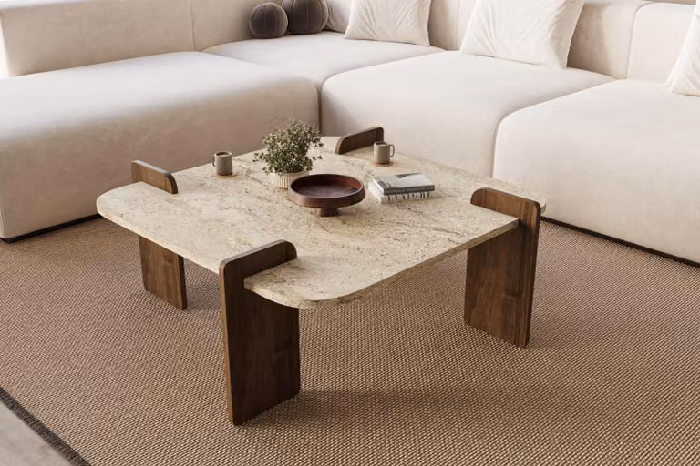 Skye Decor, Afrolli - Travertino, Noce, Tavolino, Travertino, 100% PANNELLO TRUCIOLATO RIVESTITO IN MELAMINA, 90 x 90 x 35 cm