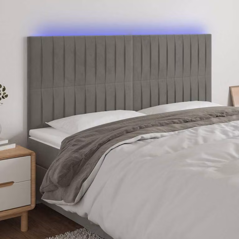 Testiera con LED e porta USB vidaXL in velluto grigio, L: 180 cm, P: 5 cm, H: 118/128 cm