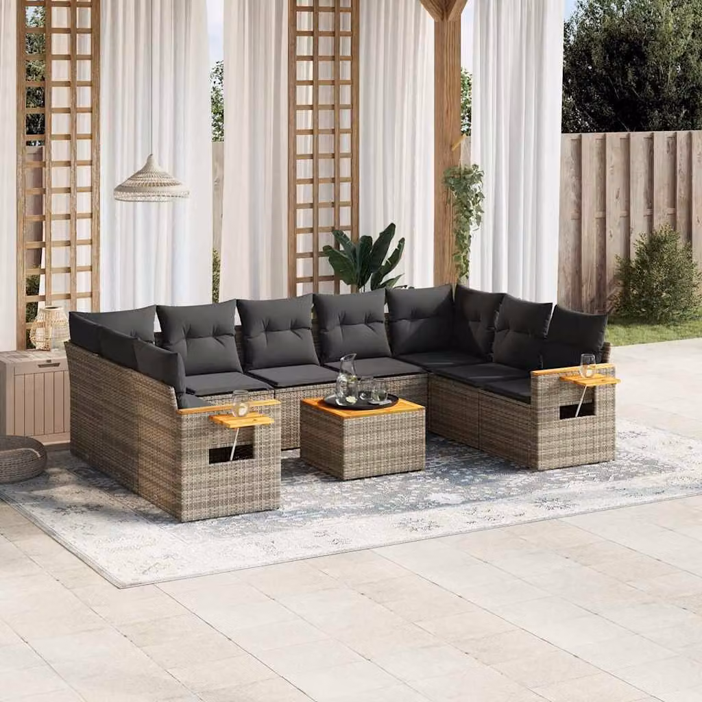 Set Divano da Giardino vidaXL 10 pz a Forma a L con Cuscini Grigio in Polyrattan e Legno di Acacia – 1