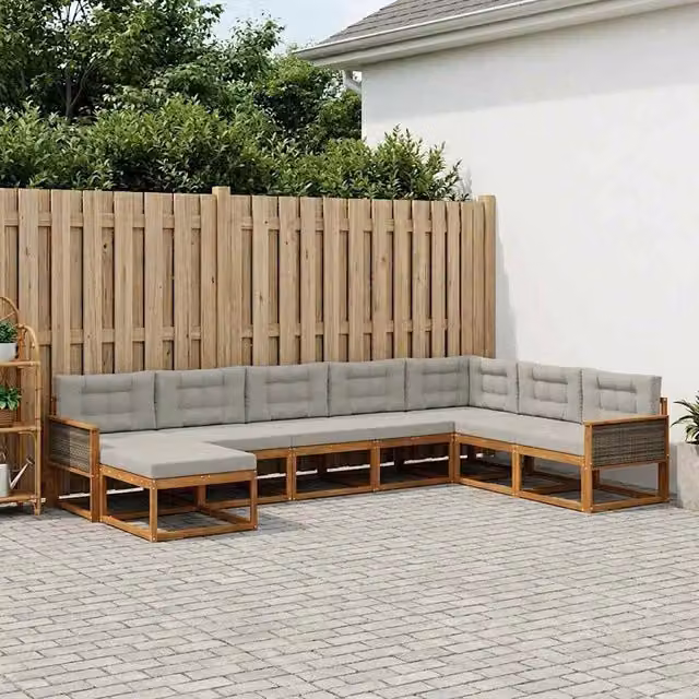 Set di divani da esterno a L vidaXL in legno di acacia con cuscini, 8 pezzi, Beige e Grigio