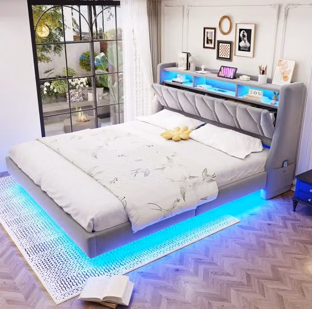 Letto imbottito 180x200 cm con testiera pieghevole; LED; USB-C; presa e contenitore; grigio chiaro