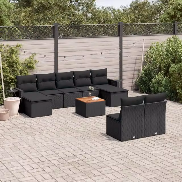 Set Divani da Giardino 10pz con Cuscini in Polyrattan Nero 3257091