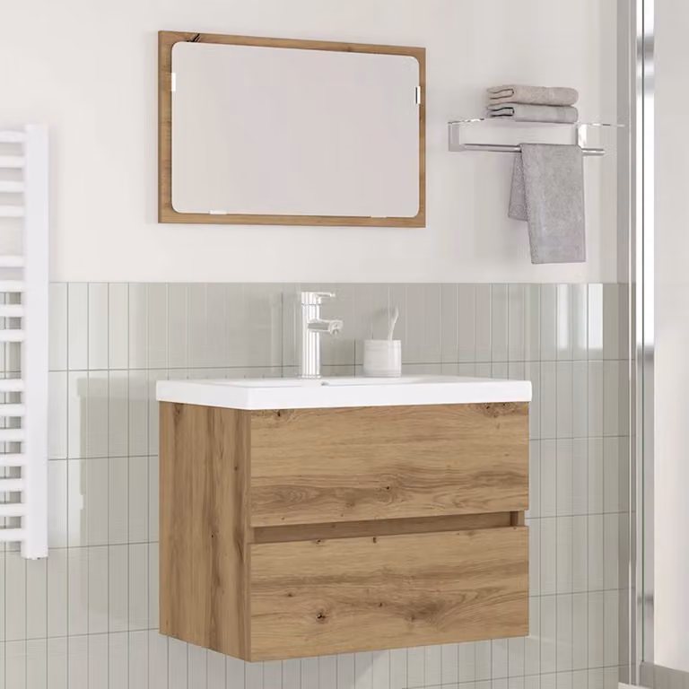 Set di mobili da bagno moderno vidaXL in legno color rovere marrone composto da 3 pezzi con mobile lavabo e armadietto specchio a parete