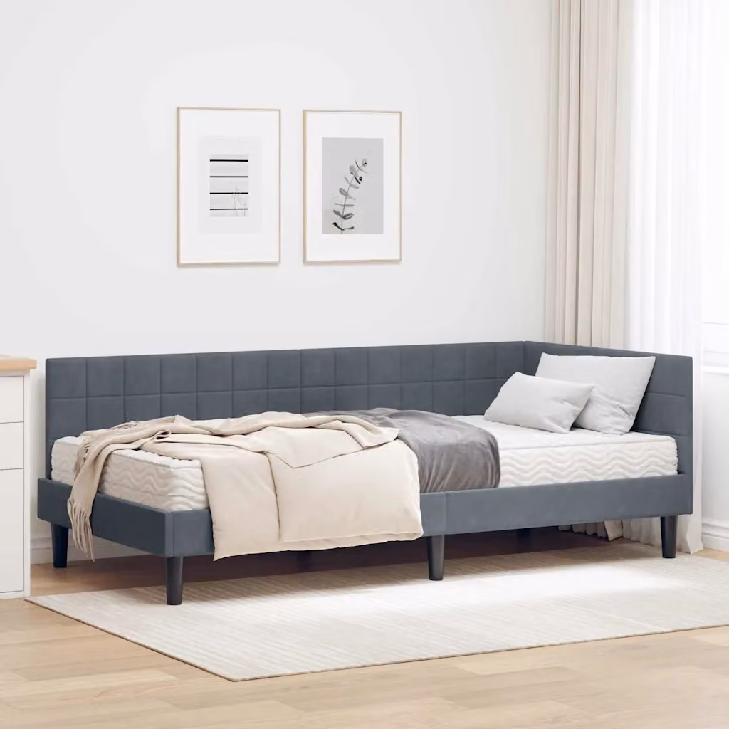vidaXL Struttura Letto Angolare in Velluto Grigio con 2 Materassi in Schiuma L/P/H: 200 x 90 x 72 cm – 1