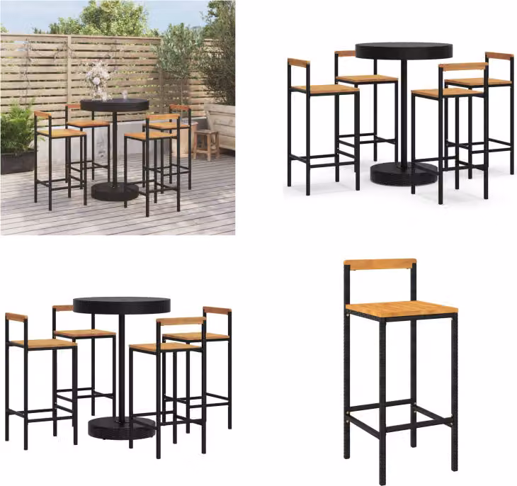 vidaXL Set bar da giardino 5 pezzi in poly rattan nero e legno massiccio di acacia - Set bar da giardino - Set bar da giardino - Set bar da giardino - Bar da giardino