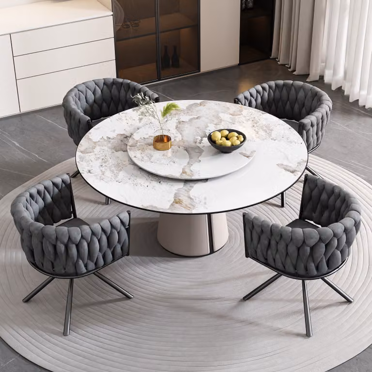 Set di 4 sedie da pranzo o da soggiorno, imbottite, con braccioli e gambe in acciaio, girevoli a 360°. Ideali per soggiorno, sala da pranzo o camera da letto. Colore: grigio