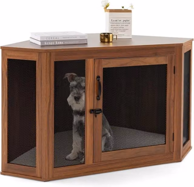 Casetta per cani ad angolo Costway con cuscino e porta a rete, mobile kennel moderno in legno e metallo, colore marrone
