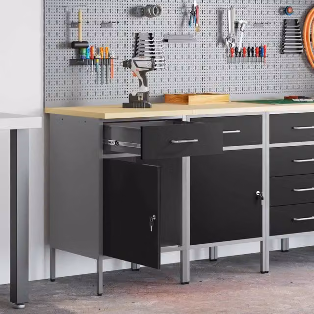 Set di 2 mobili da lavoro con blocco vidaXL in acciaio e legno, Nero e Grigio, L 100 x P 55 x H 85 cm