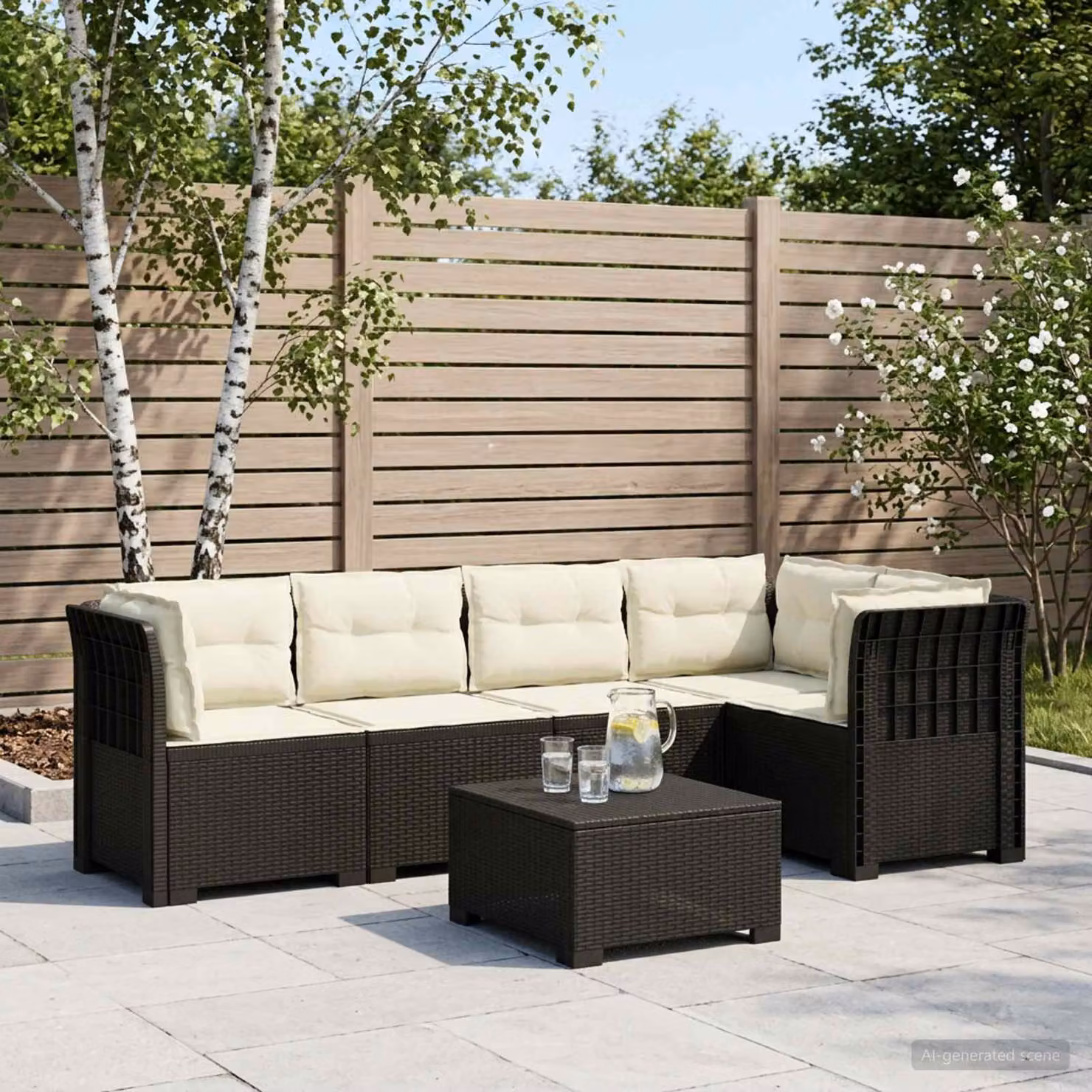 vidaXL Divano da Giardino a L con Cuscini in Polyrattan per 5 Persone, Resistente alle Intemperie, Colori Antracite, Beige e Marrone
