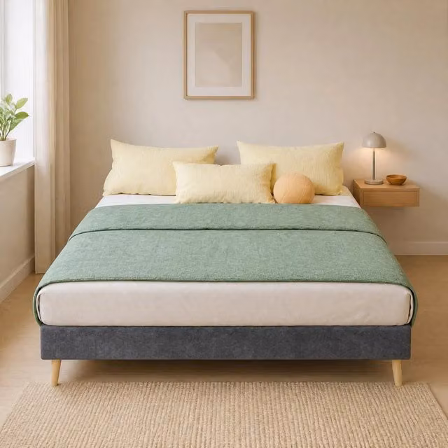 Letto matrimoniale moderno WISHDOR in tessuto grigio con testiera geometrica e rete a doghe fisse L/P/H: 140 x 200 cm