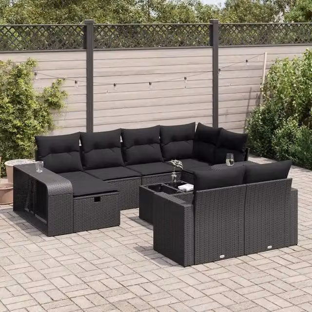 Set Divani da Giardino 11 pz con Cuscini in Polyrattan Nero 3326069