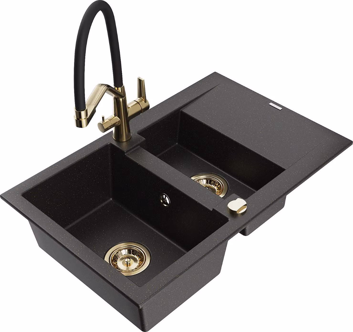 Mexen Gaspar lavello in granito 1,5 vasca con scolapiatti e rubinetto da cucina Duo, nero/oro metallico - 6507-75-671701-57-G
