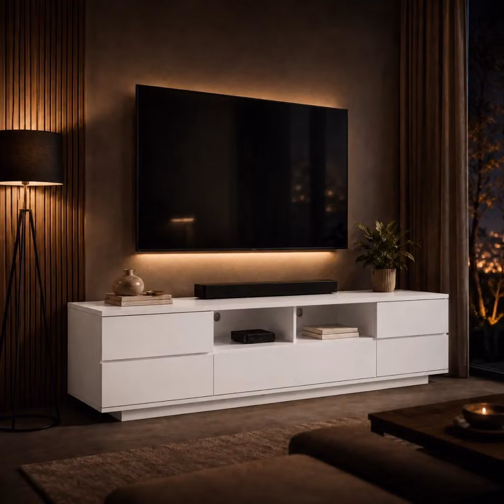 Mobile Televisore Moderno Arreditaly in MDF Bianco con 4 Ante, 1 Anta a Ribalta e Passacavi L/P/H: 180 x 38 x 46 cm – 2