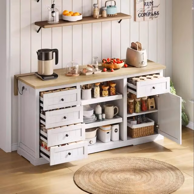 Credenza da cucina moderna con piano allungabile, 5 cassetti, 2 ante e prese USB, colore bianco, L: 150 cm, P: 65 cm, H: 75,5 cm