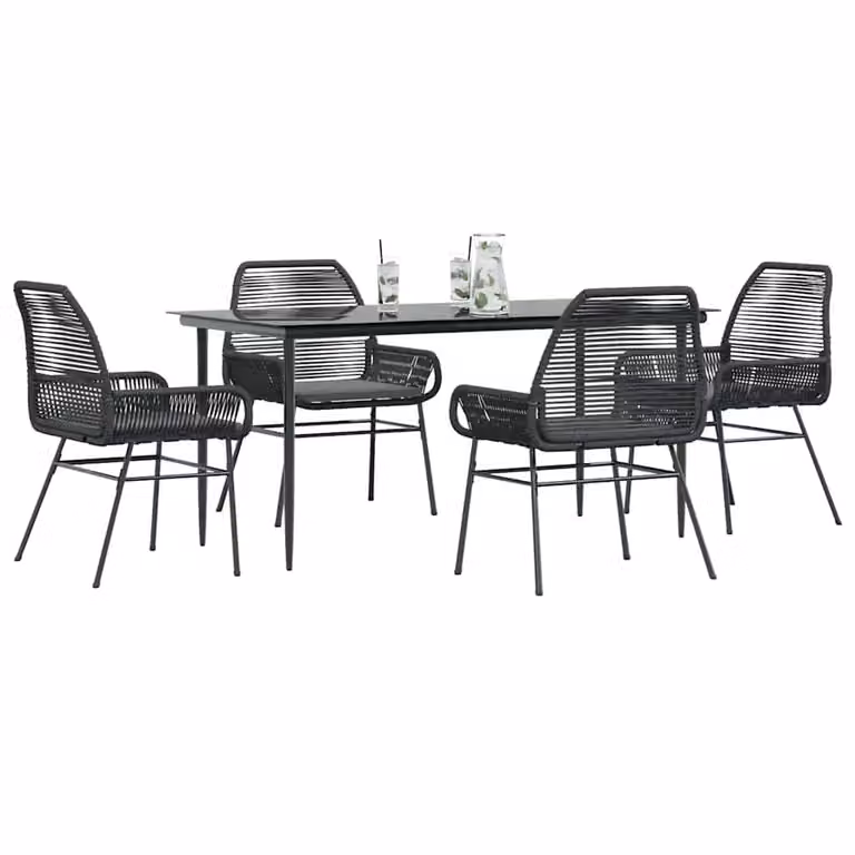 Set da pranzo da giardino vidaXL in polyrattan con cuscini e tavolo in vetro, 5 pezzi, nero e grigio