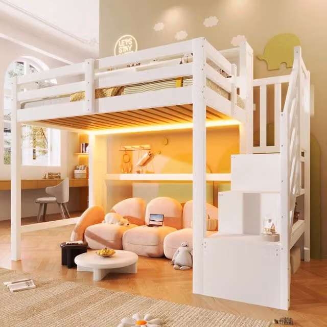Letto a soppalco 90x200 cm con LED; scala con contenitore in legno bianco