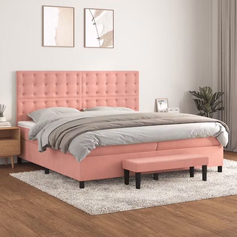vidaXL Letto Ibrido con Giroletto a Molle e Materasso in Velluto Rosa e Bianco, L/P: 200 x 200 cm