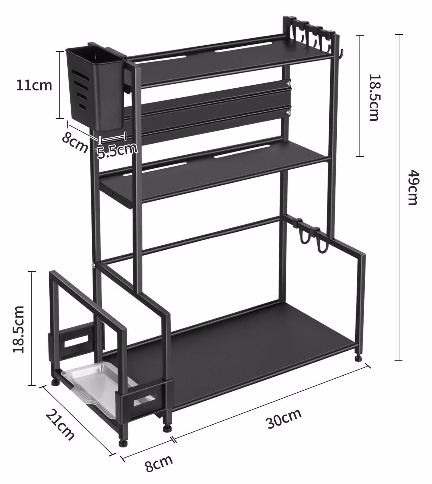 Scaffale portaspezie da appoggio 38 cm - 3 ripiani - Ampia capienza - Da appoggio sul piano di lavoro - Supporto per tagliere - 6 ganci - Nero