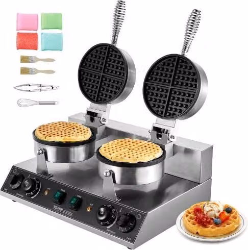 VEVOR Macchina per Waffle Commerciale Rotonda a Doppia Testa, Piastra per Waffle Belga in Acciaio Inox Argento con Timer e Controllo Temperatura, 2460 W