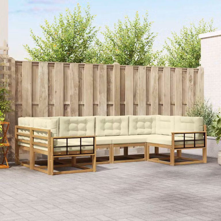 vidaXL Set di divani da esterno a L in legno di acacia con cuscini, Bianco e Beige